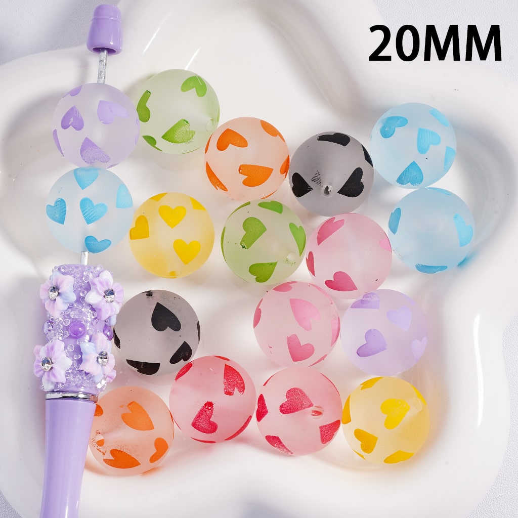 Cute Heart Pattern Design Matte Finish Multi-Color Round Acrylic Beads 20mm (Single Color is available for 100pcs(Whole Bag) Only)