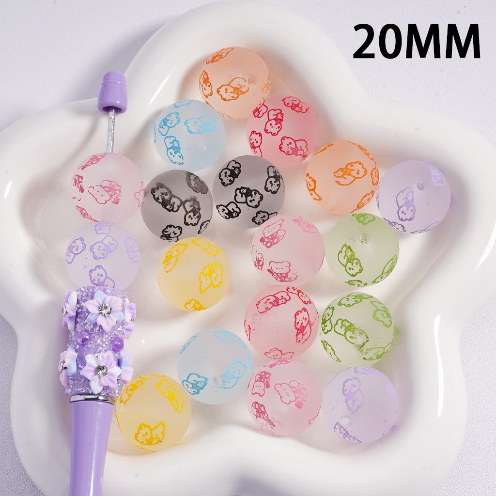 Luminous Frosted Matte Mini Cute Bear Multi-Color Printed Round Acrylic Beads 20MM (Single Color is available for 100pcs(Whole Bag) Only)