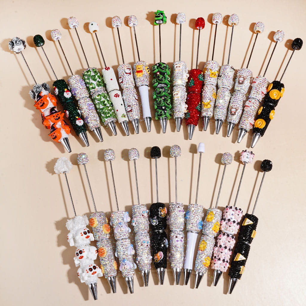 Beadable Clay or Sugar Pens w Shiny Rhinestones, Animals Monster Character Christmas Halloween Food Theme, Random Mix (Please Read Description)