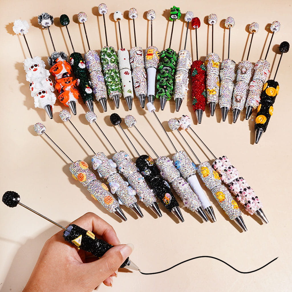 Beadable Clay or Sugar Pens w Shiny Rhinestones, Animals Monster Character Christmas Halloween Food Theme, Random Mix (Please Read Description)