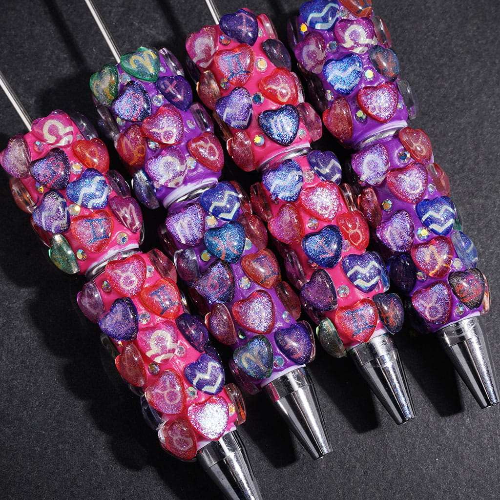 Beadable Clay Pens Clear Heart with Twelve Constellations Patterns and Shiny Glitter, AB Rhinestones, Rose Pink and Dark Purple