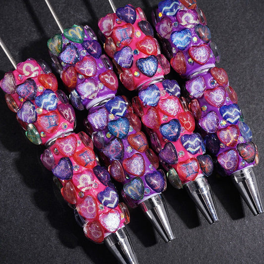 Celestial Heart Design with Twelve Zodiac Constellation Patterns and Sparkling Glitter AB Rhinestones, Beadable Clay Pens, Rose Pink and Dark Purple