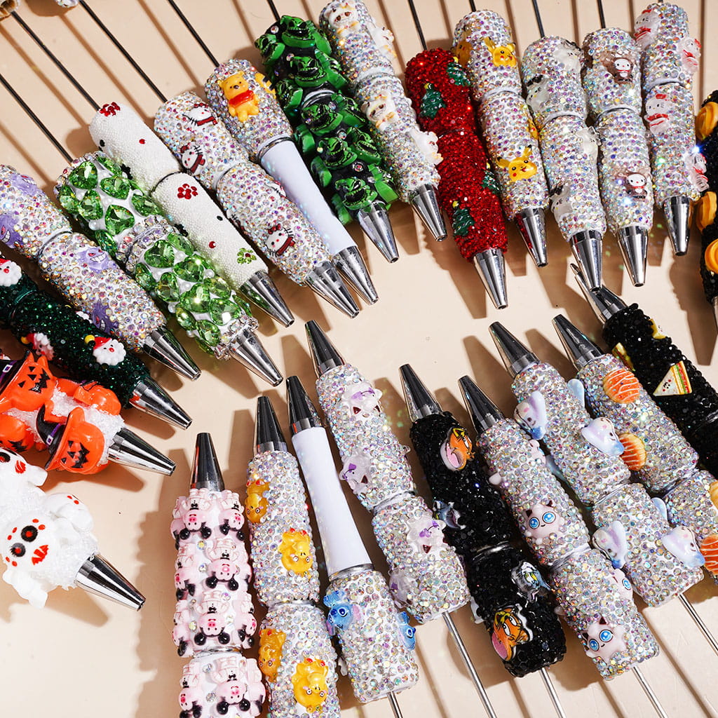 Beadable Clay or Sugar Pens w Shiny Rhinestones, Animals Monster Character Christmas Halloween Food Theme, Random Mix (Please Read Description)