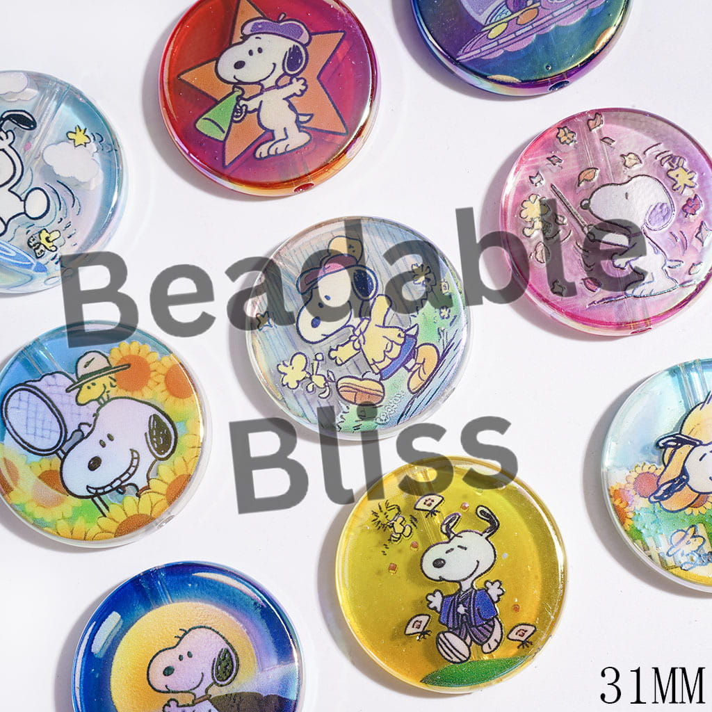 Semi-Clear Acrylic Beads UV Finish with Various Style Beagle Dog Characters Prints, 31MM, Flat Round Shape, Random Mix