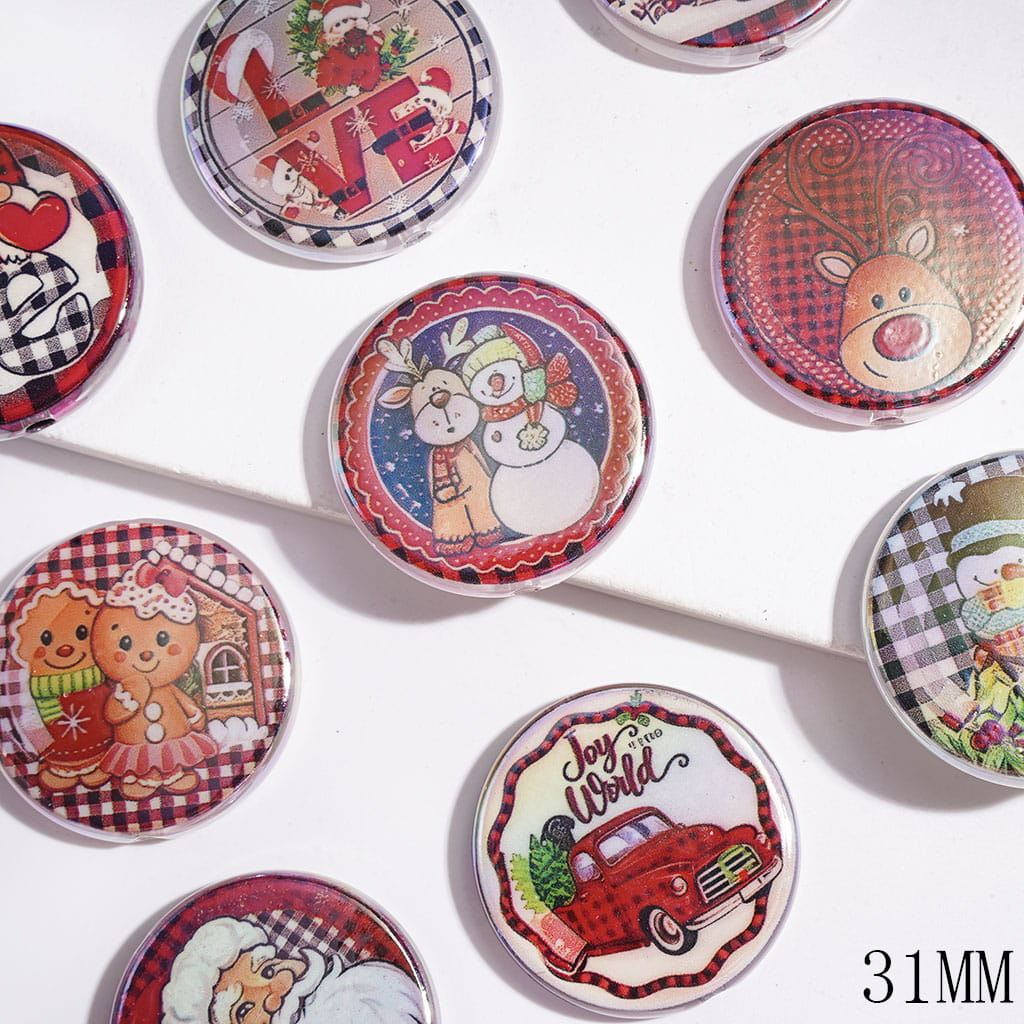 UV Coating Christmas Acrylic Beads, Gingerbread House Car Snowman Deer Santa Claus Patterns, 31MM, Flat Round Shape, Random Mix