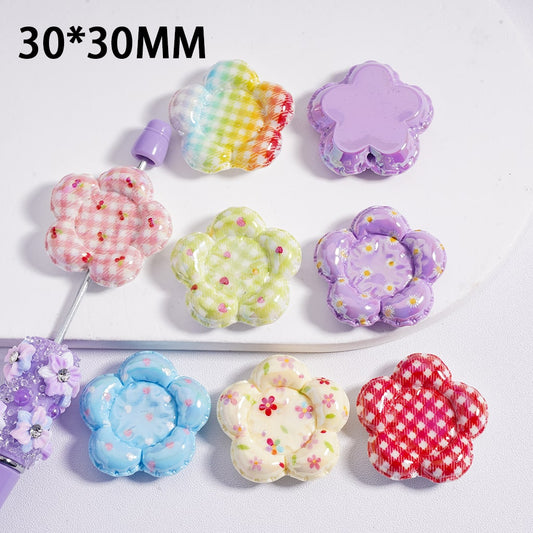 UV Coated Cute Colorful Flower Prints Plates Acrylic Beads 30MM Random Mix