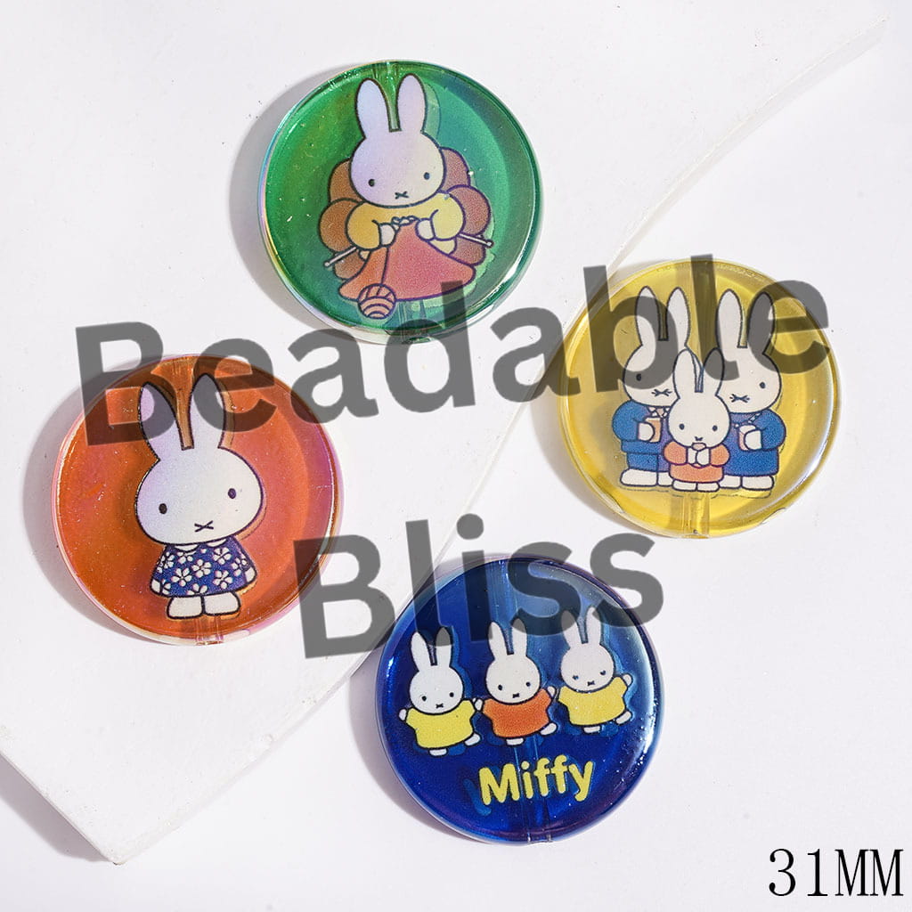 Acrylic Beads UV Coated with Classic White Bunny Character, Family Series, 31MM, Semi-Clear, Flat Round Shape, Random Mix