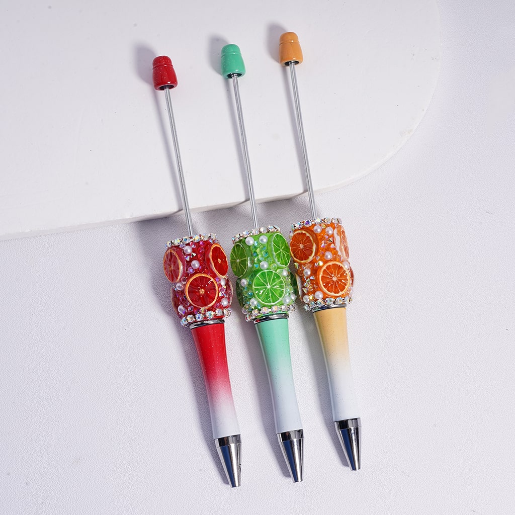 Orange Lemon Slice Vivid Fruit Beadable Clay Pen with White Pearls & AB Rhinestones