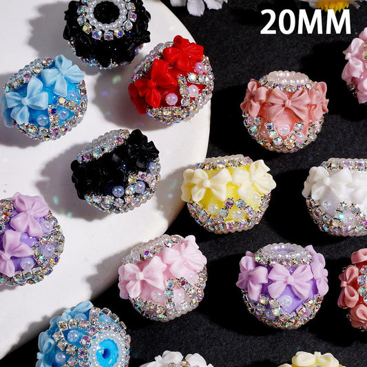 UV Coated Handcrafted Acrylic Beads with Mini Bows, Half Pearls, AB Rhinestone & White Pearl Chain, 20MM, Multi-Color Random Mix