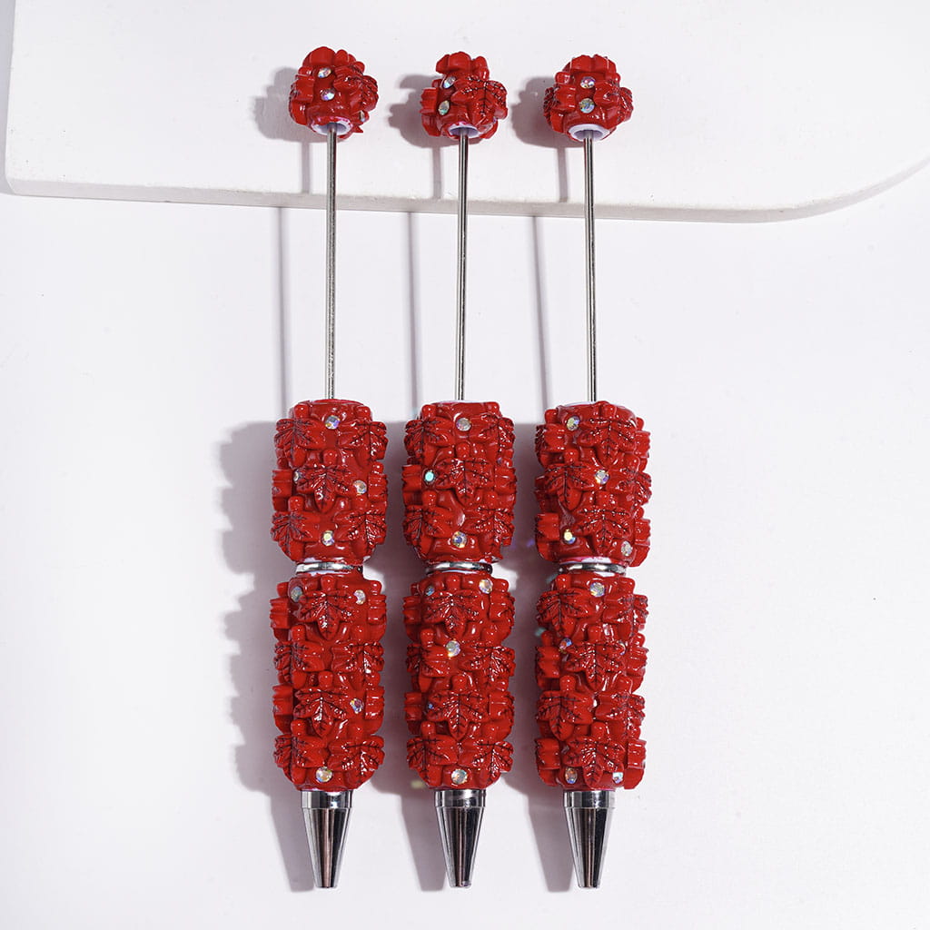 Autumn Red Maple Leaf Design with Sparkling AB Rhinestones Beadable Clay Pens