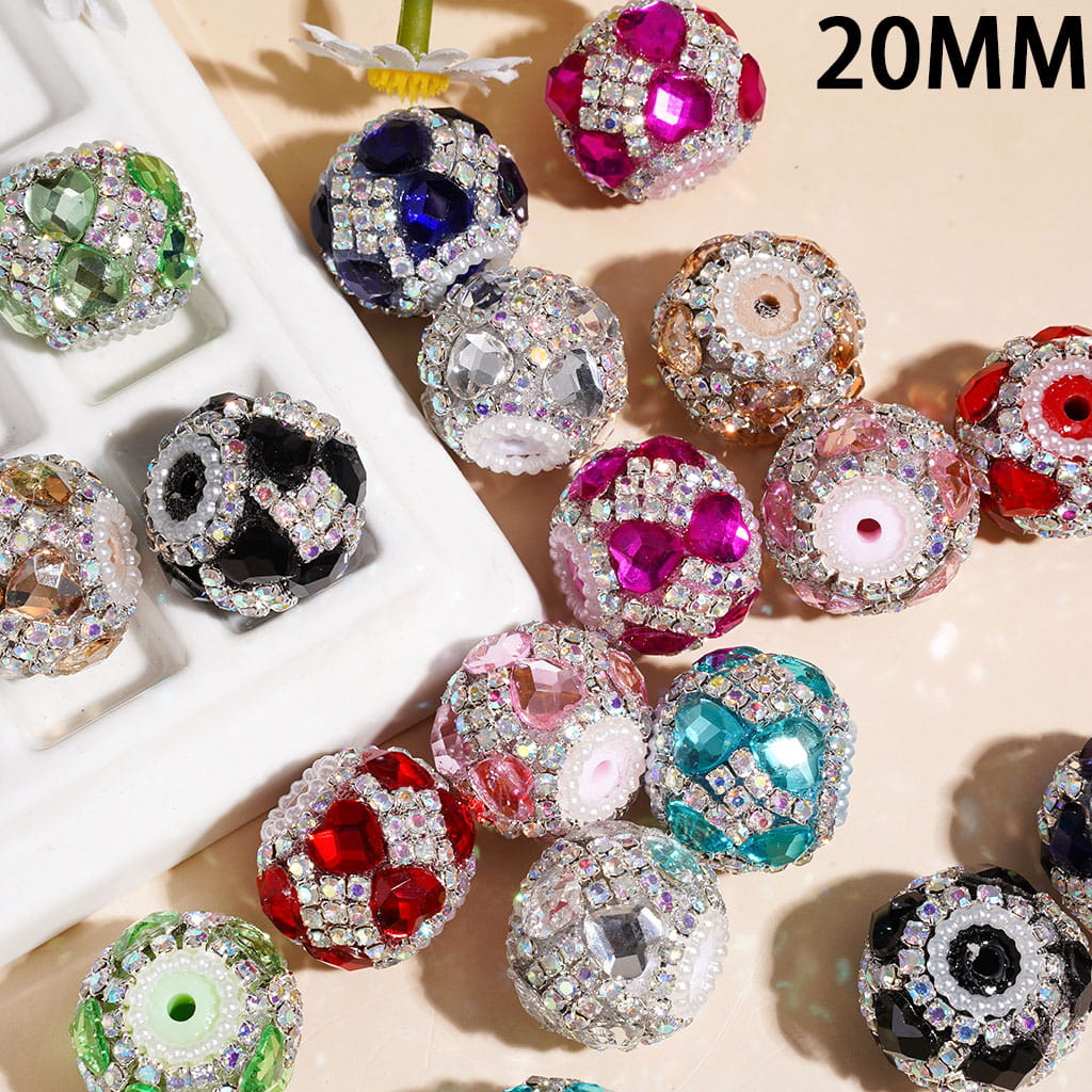 Handcrafted Acrylic Beads w Heart Crystal and Square Shaped AB Rhinestone Chains, White Pearl Loop, 20MM Multi-Color