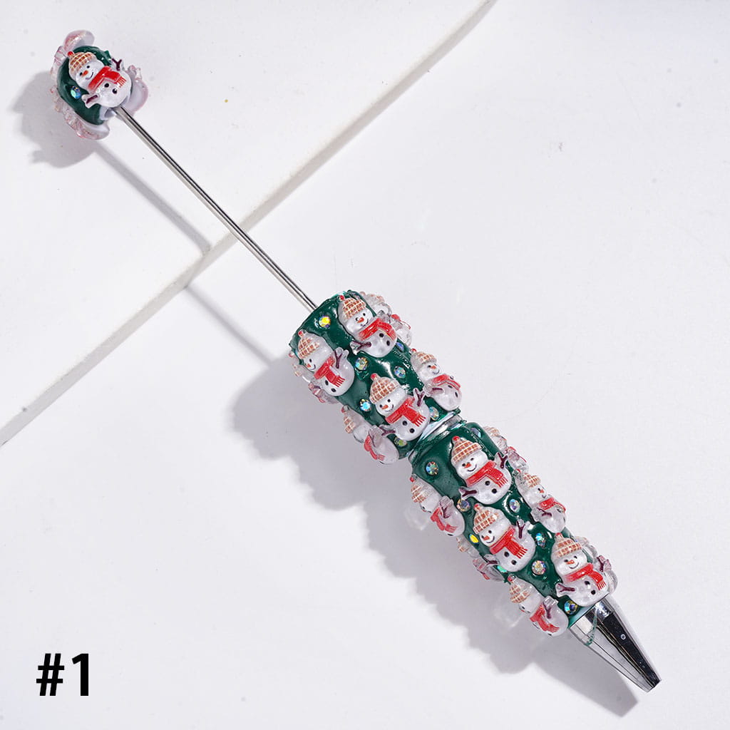 Christmas Holiday Design Snow Bells, Trees, Santa Claus, Gingerbread, Candy Cane, Gift Box & Sock Candle with Sparkling AB Rhinestones, Green Base Beadable Clay Pens