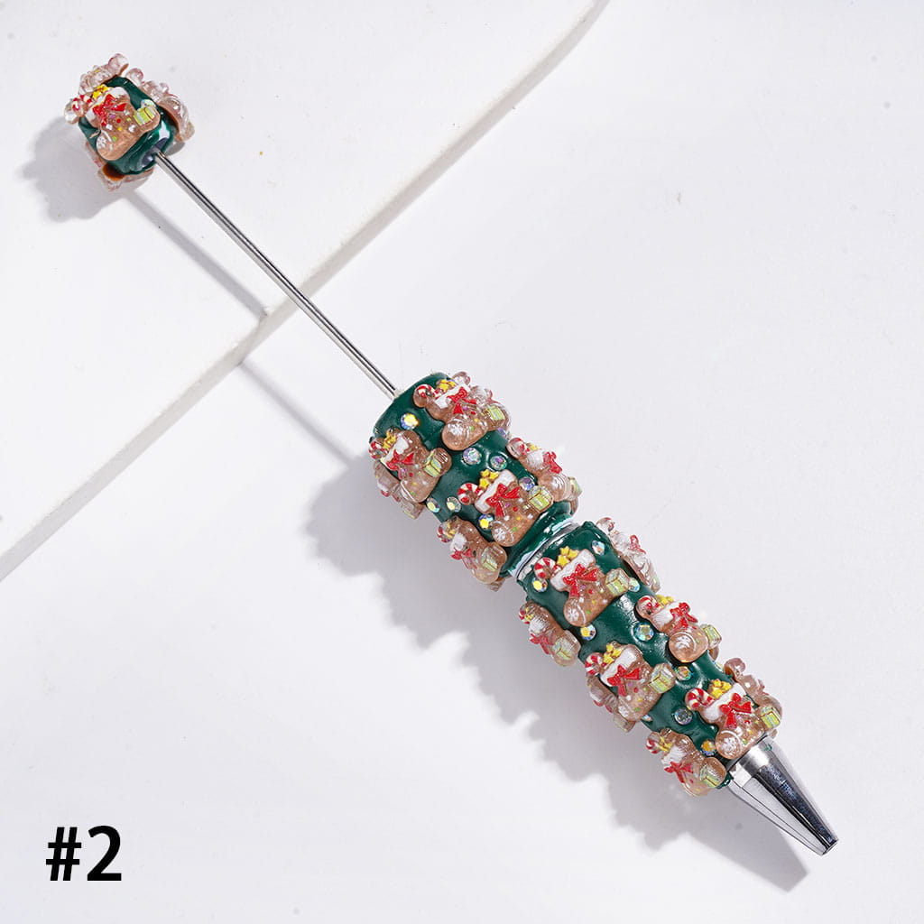 Christmas Holiday Design Snow Bells, Trees, Santa Claus, Gingerbread, Candy Cane, Gift Box & Sock Candle with Sparkling AB Rhinestones, Green Base Beadable Clay Pens
