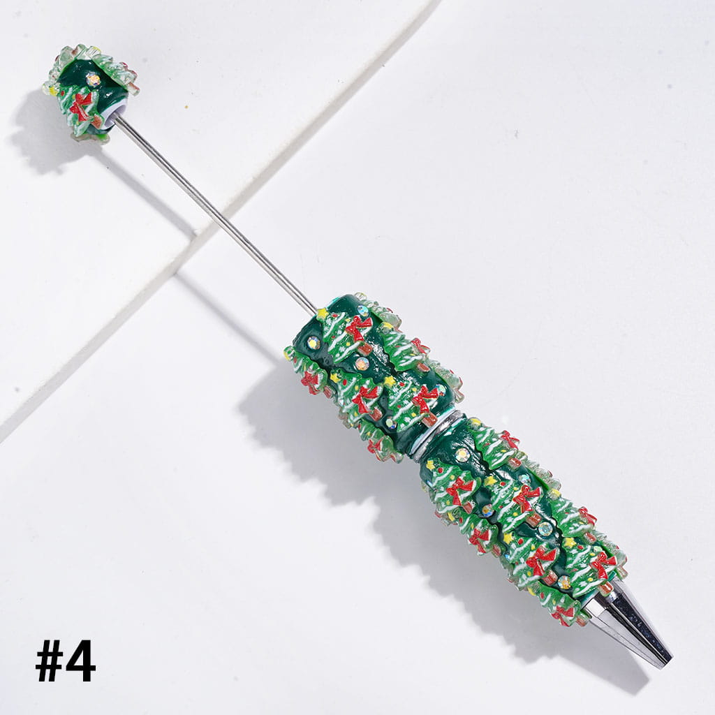 Christmas Holiday Design Snow Bells, Trees, Santa Claus, Gingerbread, Candy Cane, Gift Box & Sock Candle with Sparkling AB Rhinestones, Green Base Beadable Clay Pens