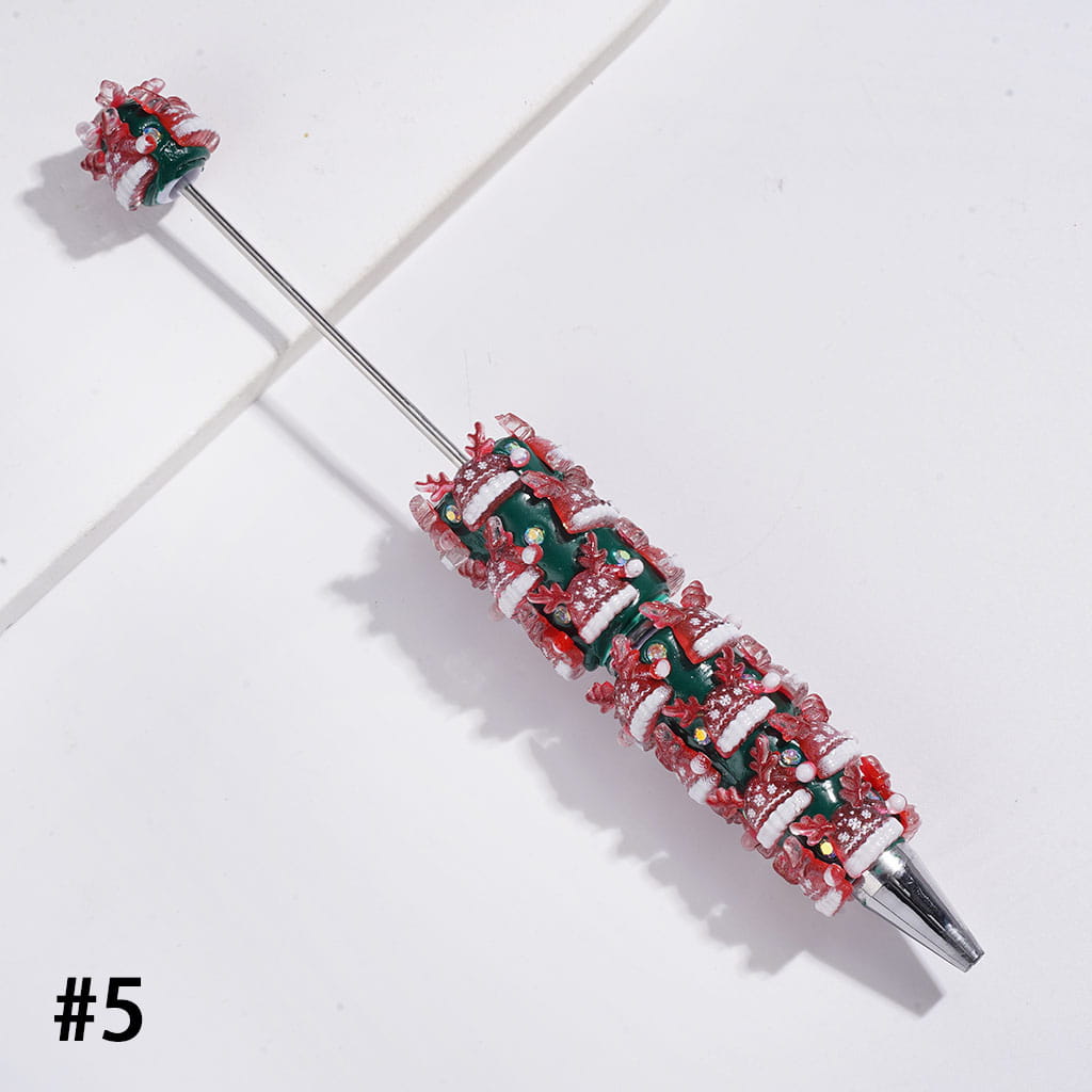 Christmas Holiday Design Snow Bells, Trees, Santa Claus, Gingerbread, Candy Cane, Gift Box & Sock Candle with Sparkling AB Rhinestones, Green Base Beadable Clay Pens