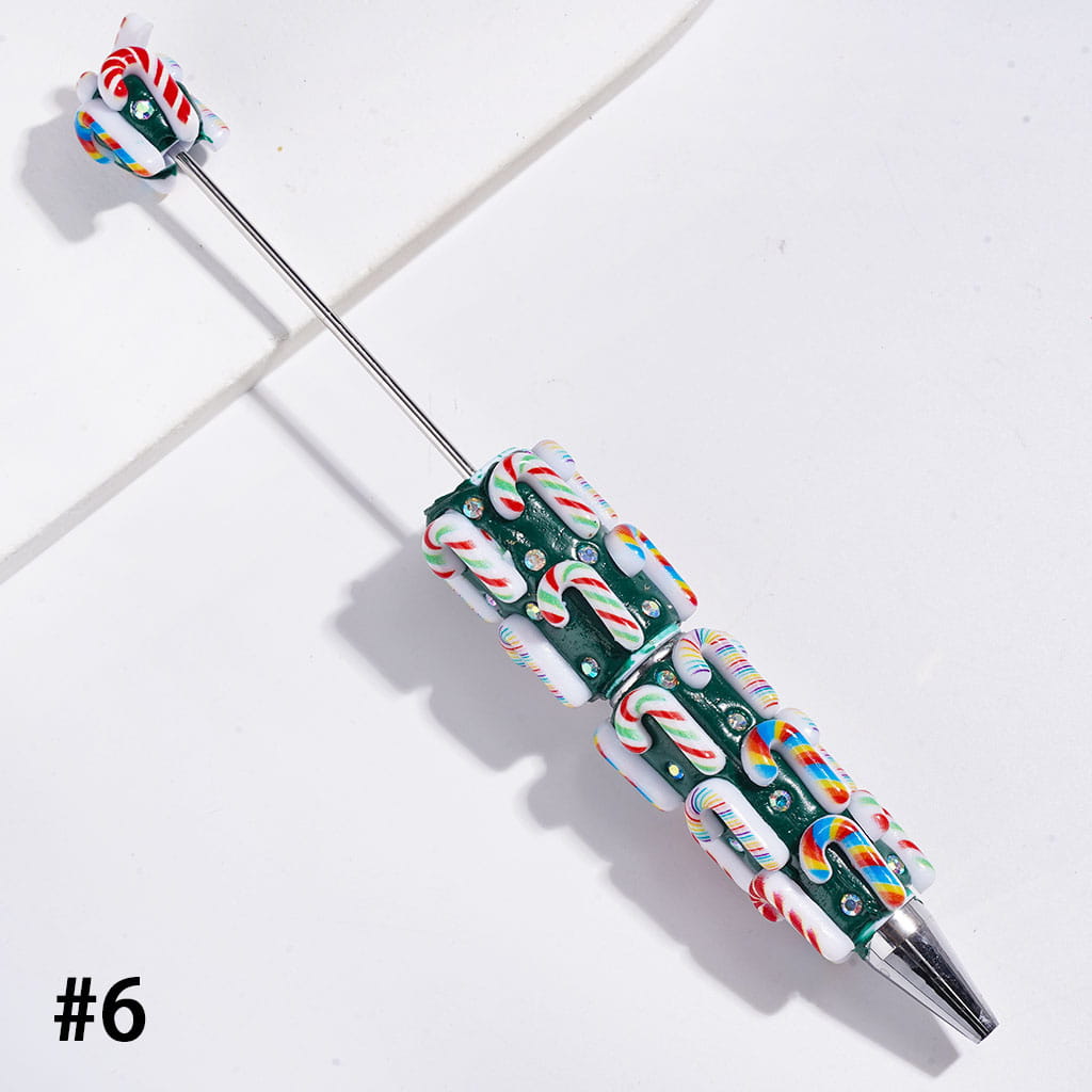 Christmas Holiday Design Snow Bells, Trees, Santa Claus, Gingerbread, Candy Cane, Gift Box & Sock Candle with Sparkling AB Rhinestones, Green Base Beadable Clay Pens
