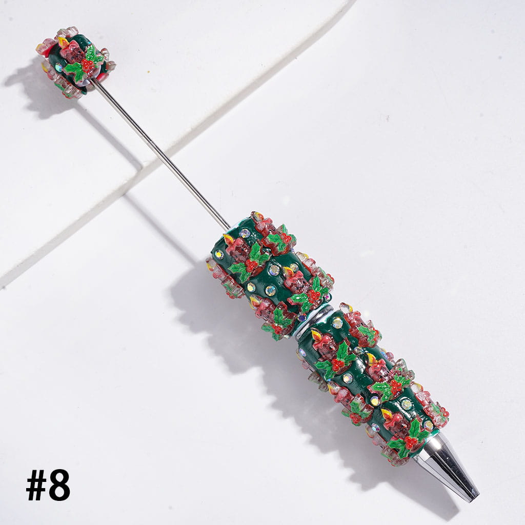 Christmas Holiday Design Snow Bells, Trees, Santa Claus, Gingerbread, Candy Cane, Gift Box & Sock Candle with Sparkling AB Rhinestones, Green Base Beadable Clay Pens