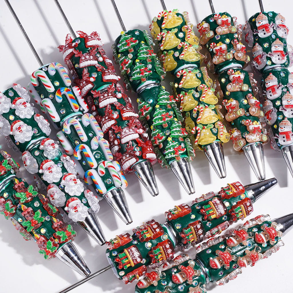 Christmas Holiday Design Snow Bells, Trees, Santa Claus, Gingerbread, Candy Cane, Gift Box & Sock Candle with Sparkling AB Rhinestones, Green Base Beadable Clay Pens