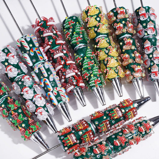 Christmas Holiday Design Snow Bells, Trees, Santa Claus, Gingerbread, Candy Cane, Gift Box & Sock Candle with Sparkling AB Rhinestones, Green Base Beadable Clay Pens