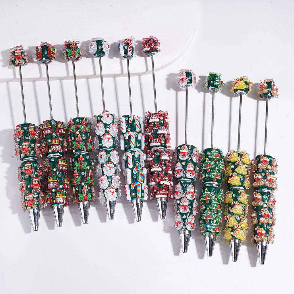 Christmas Holiday Design Snow Bells, Trees, Santa Claus, Gingerbread, Candy Cane, Gift Box & Sock Candle with Sparkling AB Rhinestones, Green Base Beadable Clay Pens