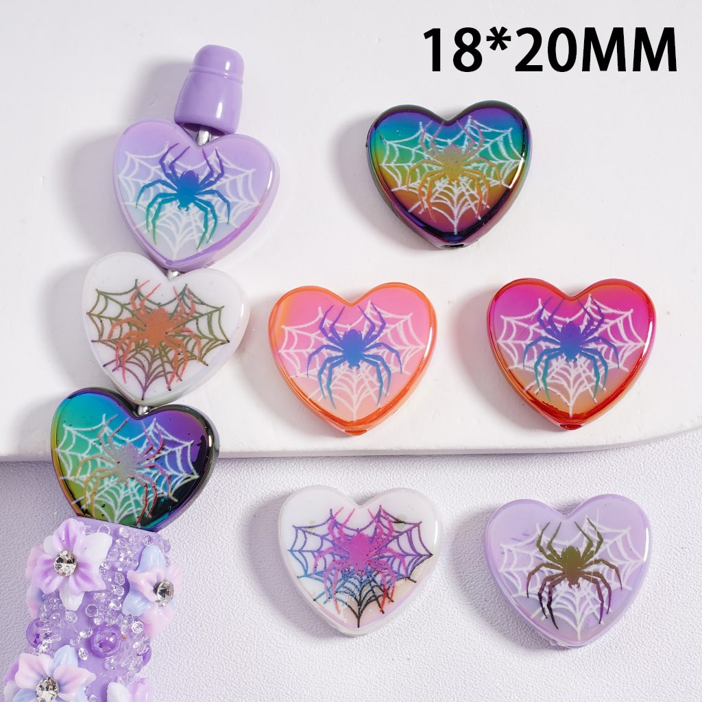 UV Coated Heart Shaped Acrylic Beads with Prin Spider Web Halloween Special Theme 18*20MM, (Single Color is available for 300pcs(Whole Bag) Only)