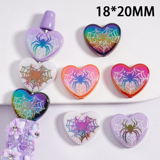 UV Coated Heart Shaped Acrylic Beads with Prin Spider Web Halloween Special Theme 18*20MM, (Single Color is available for 300pcs(Whole Bag) Only)