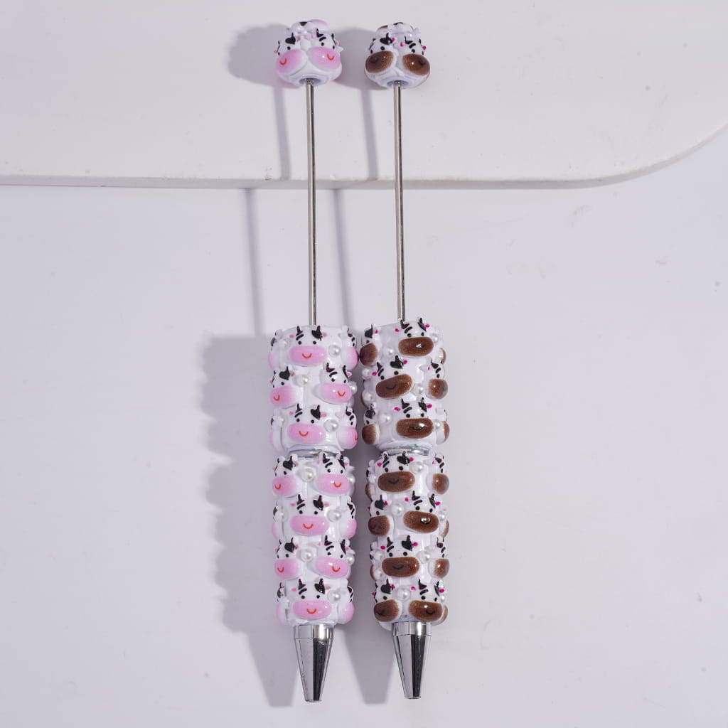 Cute Dairy Cow Head Design & White Pearl Farm Animal Theme Beadable Clay Pen Random Mix
