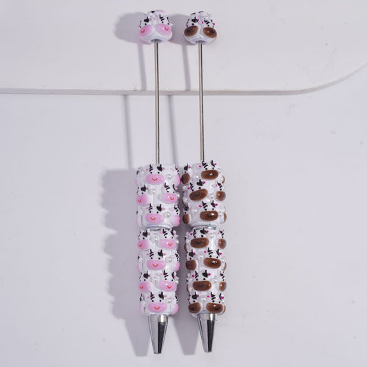 Cute Dairy Cow Head Design & White Pearl Farm Animal Theme Beadable Clay Pen Random Mix