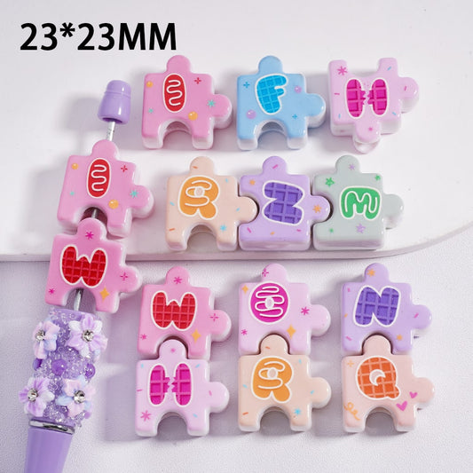UV Finish Cute Alphabet English Letter Puzzle Jigsaw Acrylic Beads 23*23mm Random Mix