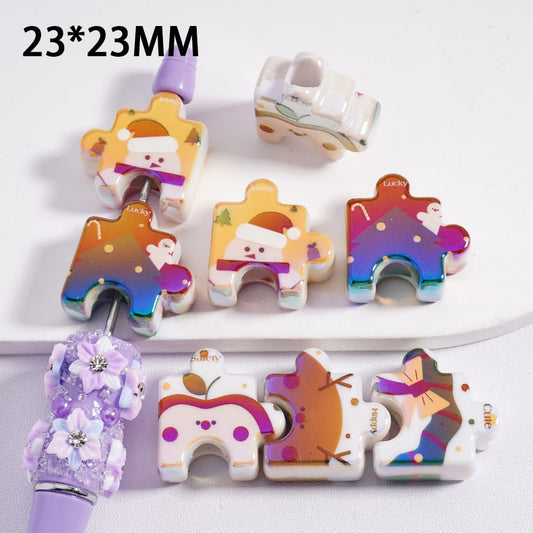 UV Coated Cute Christmas Theme Print Puzzle Jigsaw Acrylic Beads 23*23MM, Random Mix