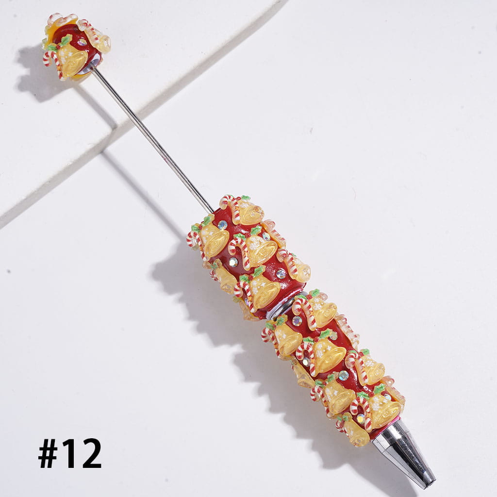 Beadable Clay Pens Christmas Series | Pen with Snow Bell Tree Hat Candy Cane Santa Claus Gift Box Gingerbread Sock Candle & AB Rhinestones, Red Pen Base