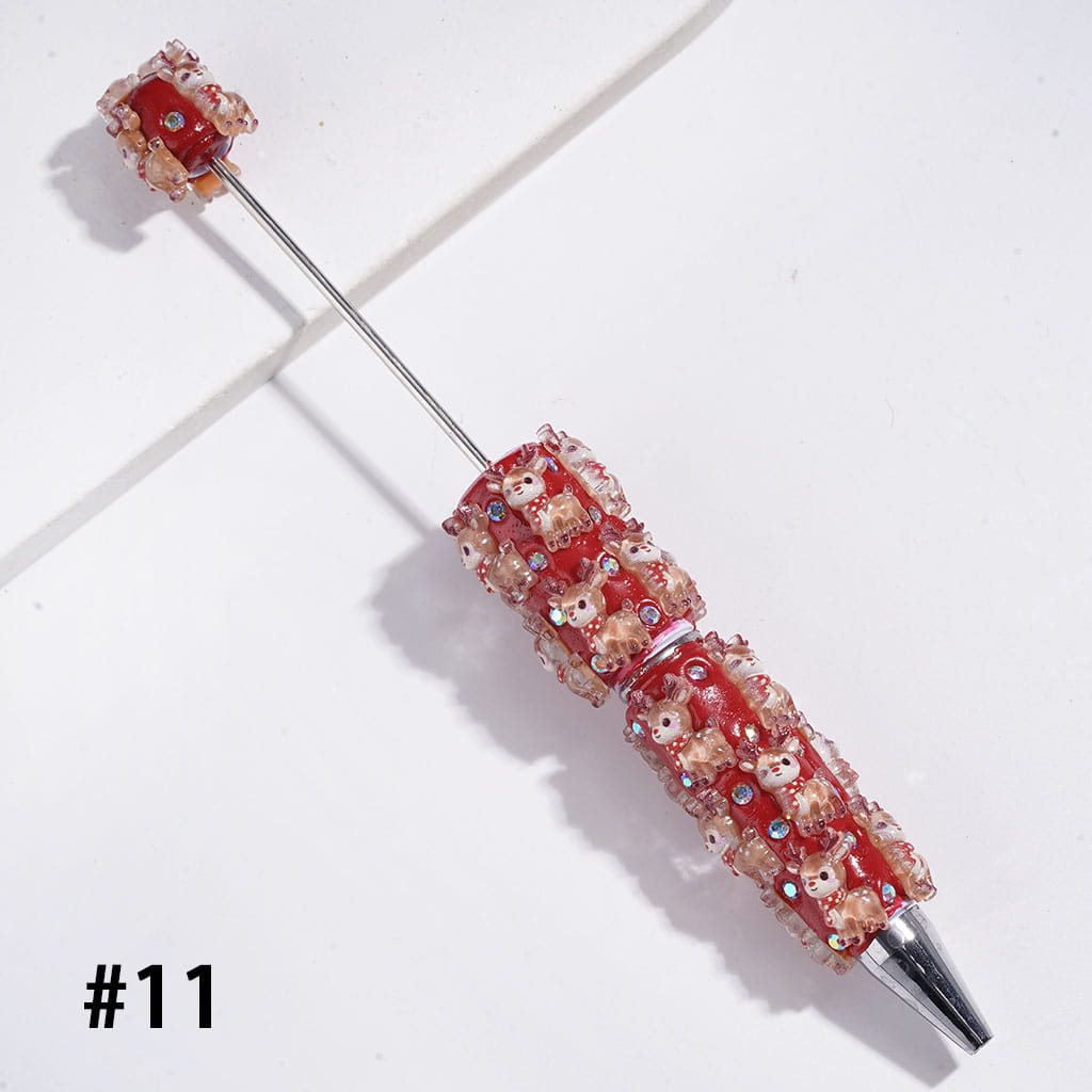 Beadable Clay Pens Christmas Series | Pen with Snow Bell Tree Hat Candy Cane Santa Claus Gift Box Gingerbread Sock Candle & AB Rhinestones, Red Pen Base