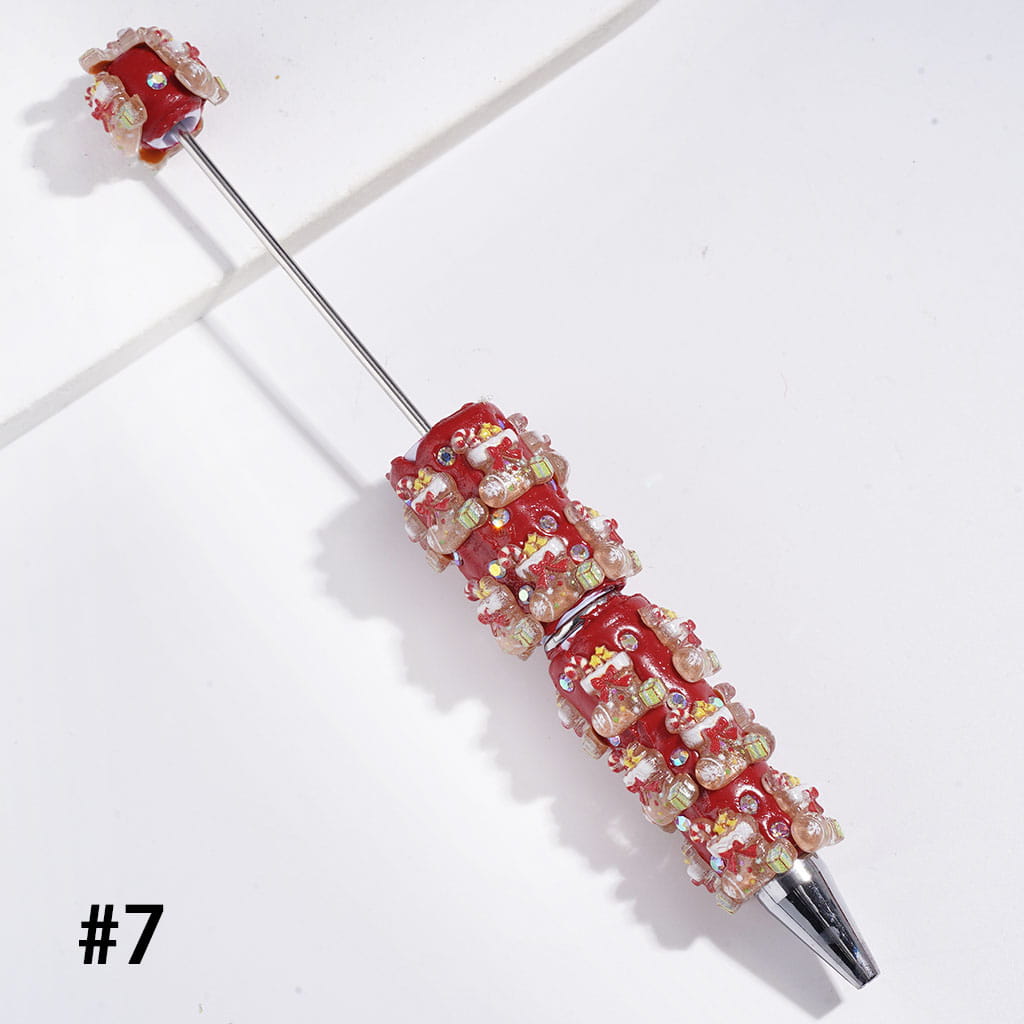 Beadable Clay Pens Christmas Series | Pen with Snow Bell Tree Hat Candy Cane Santa Claus Gift Box Gingerbread Sock Candle & AB Rhinestones, Red Pen Base