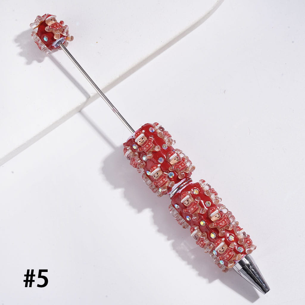 Beadable Clay Pens Christmas Series | Pen with Snow Bell Tree Hat Candy Cane Santa Claus Gift Box Gingerbread Sock Candle & AB Rhinestones, Red Pen Base