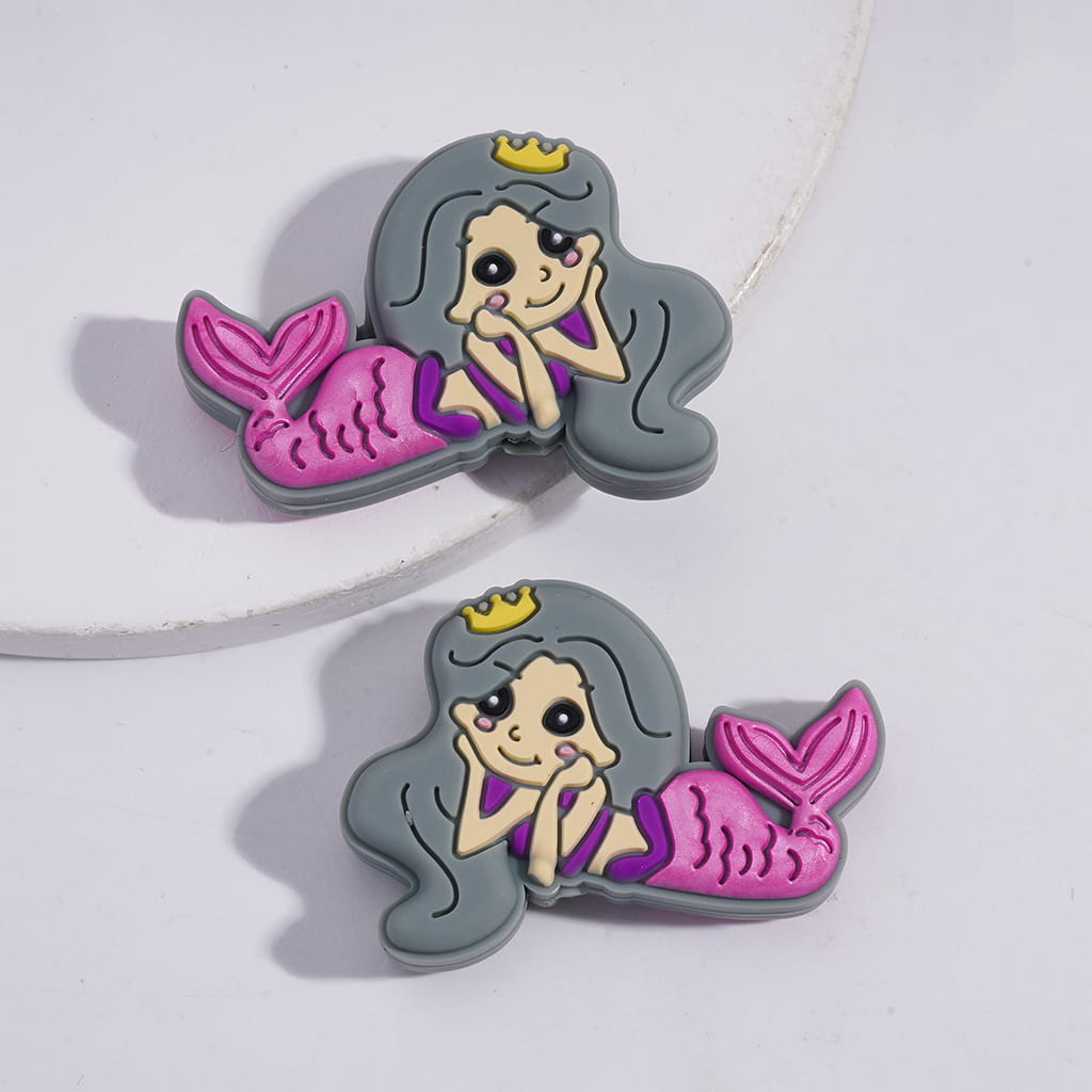 3D Mermaid Girl Character with Yellow Crown Design Silicone Focal Beads