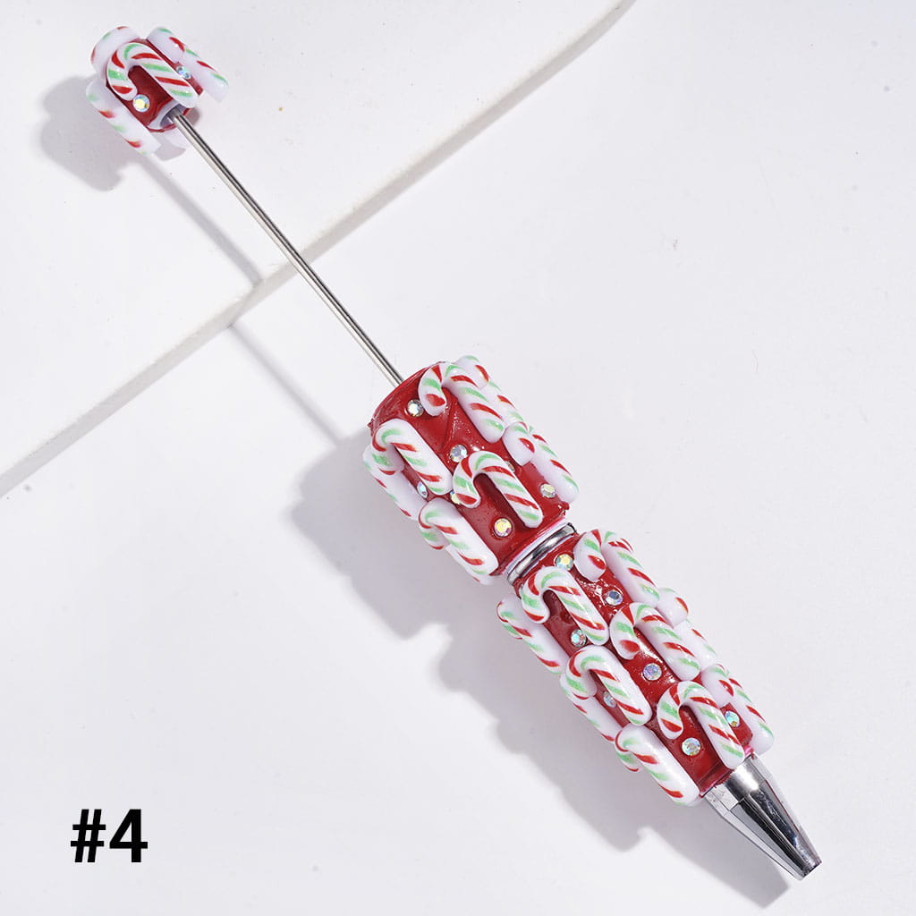 Beadable Clay Pens Christmas Series | Pen with Snow Bell Tree Hat Candy Cane Santa Claus Gift Box Gingerbread Sock Candle & AB Rhinestones, Red Pen Base