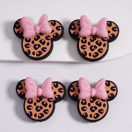 3D Design Cute Brown Minnie Head with Pink Bow & Jaguar Print Silicone Focal Beads