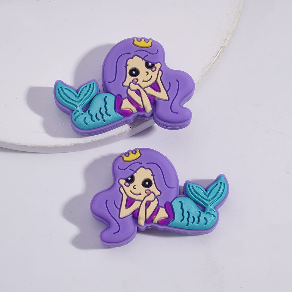 3D Mermaid Girl Character with Yellow Crown Design Silicone Focal Beads
