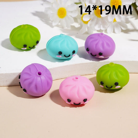 3D Cute Dumpling Smiling Face Steamed Bun Silicone Focal Beads, 14*19MM, Multi Colors Random Mix