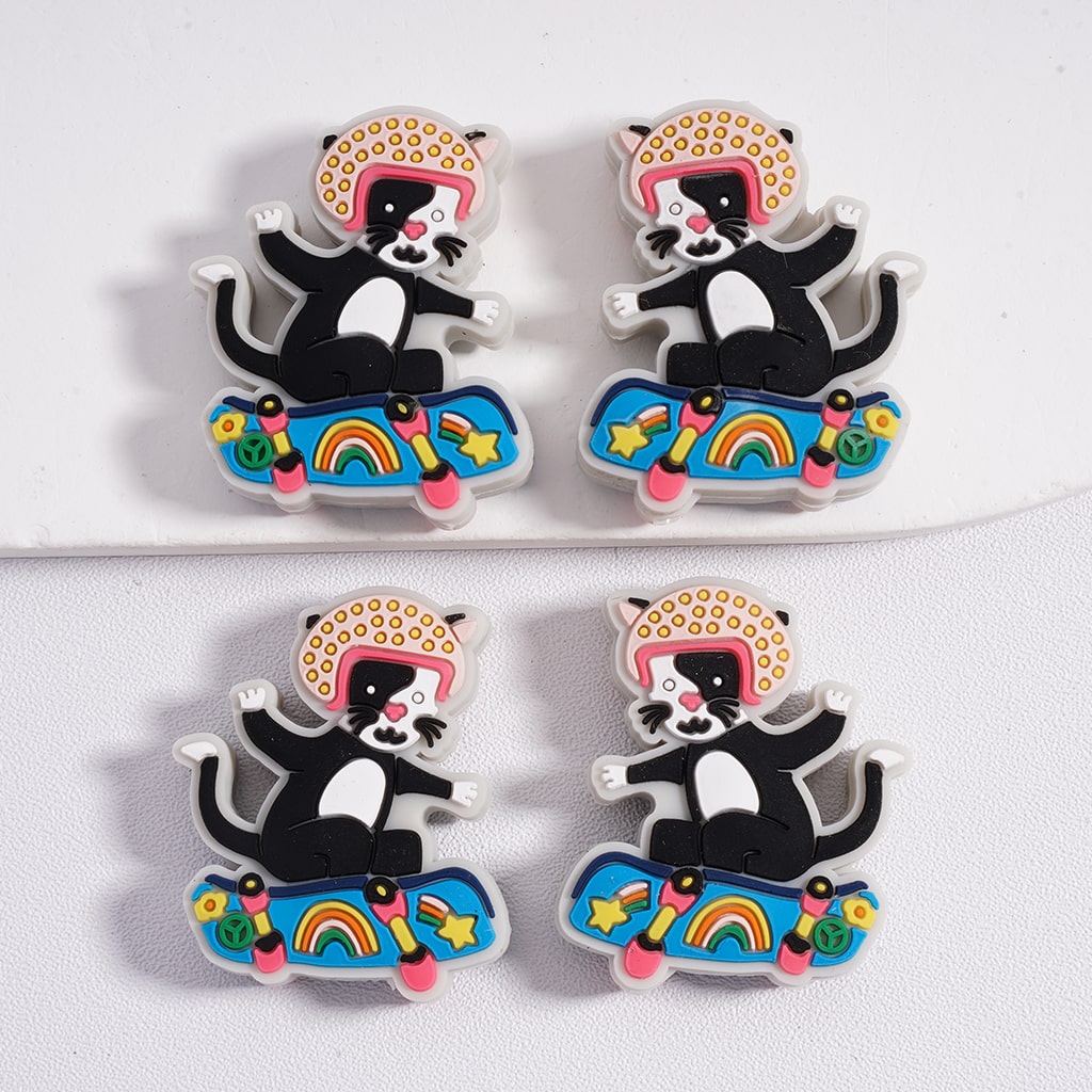 3D Cute Black and White Cat Tom with Helmet on Skateboard Silicone Focal Bead