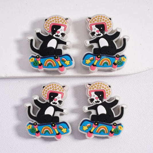 3D Cute Black and White Cat Tom with Helmet on Skateboard Silicone Focal Bead