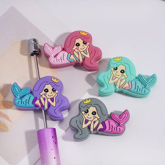 3D Mermaid Girl Character with Yellow Crown Design Silicone Focal Beads