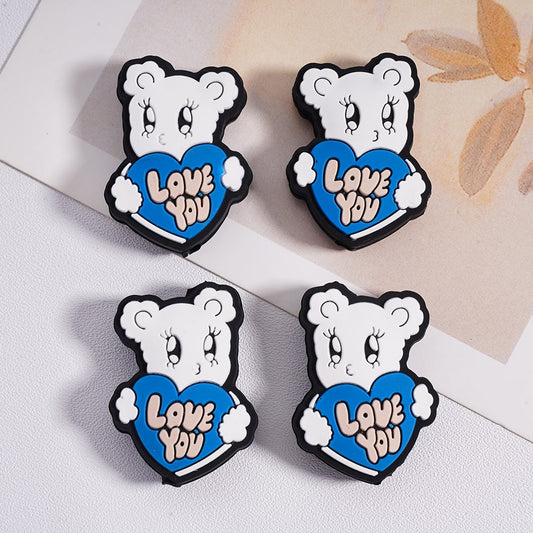 White Cute Bear Holding Blue Heart with "Love You" Design Silicone Focal Bead