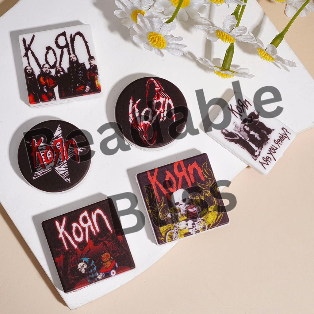 Silicone Focal Beads Halloween Theme American Rock Band in Dark Series, Flat Round Square Rectangle Shape, Random Mix