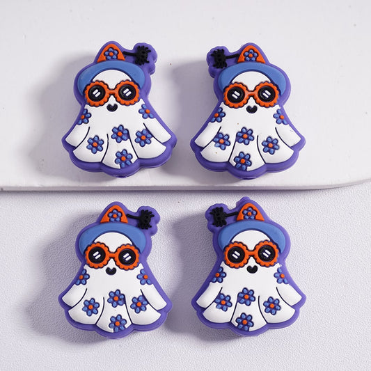 3D Cute Halloween Ghost with Mini Flowers, Cool Sunglasses & Wizard Hat Silicone Focal Bead
