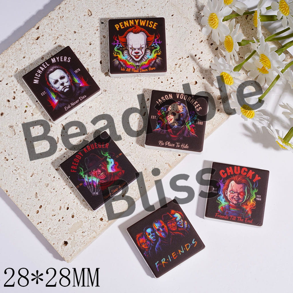 Halloween Theme Silicone Focal Beads with Horror Villain Character Series, Flat Square Shape 28*28MM