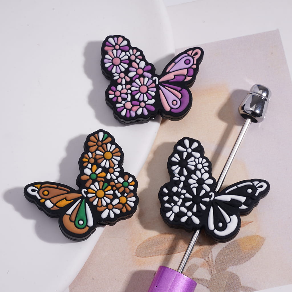 Cute Butterfly with Daisy Flower Design on Wings Silicone Focal Beads