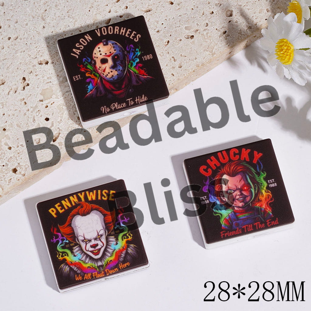 Halloween Theme Silicone Focal Beads with Horror Villain Character Series, Flat Square Shape 28*28MM