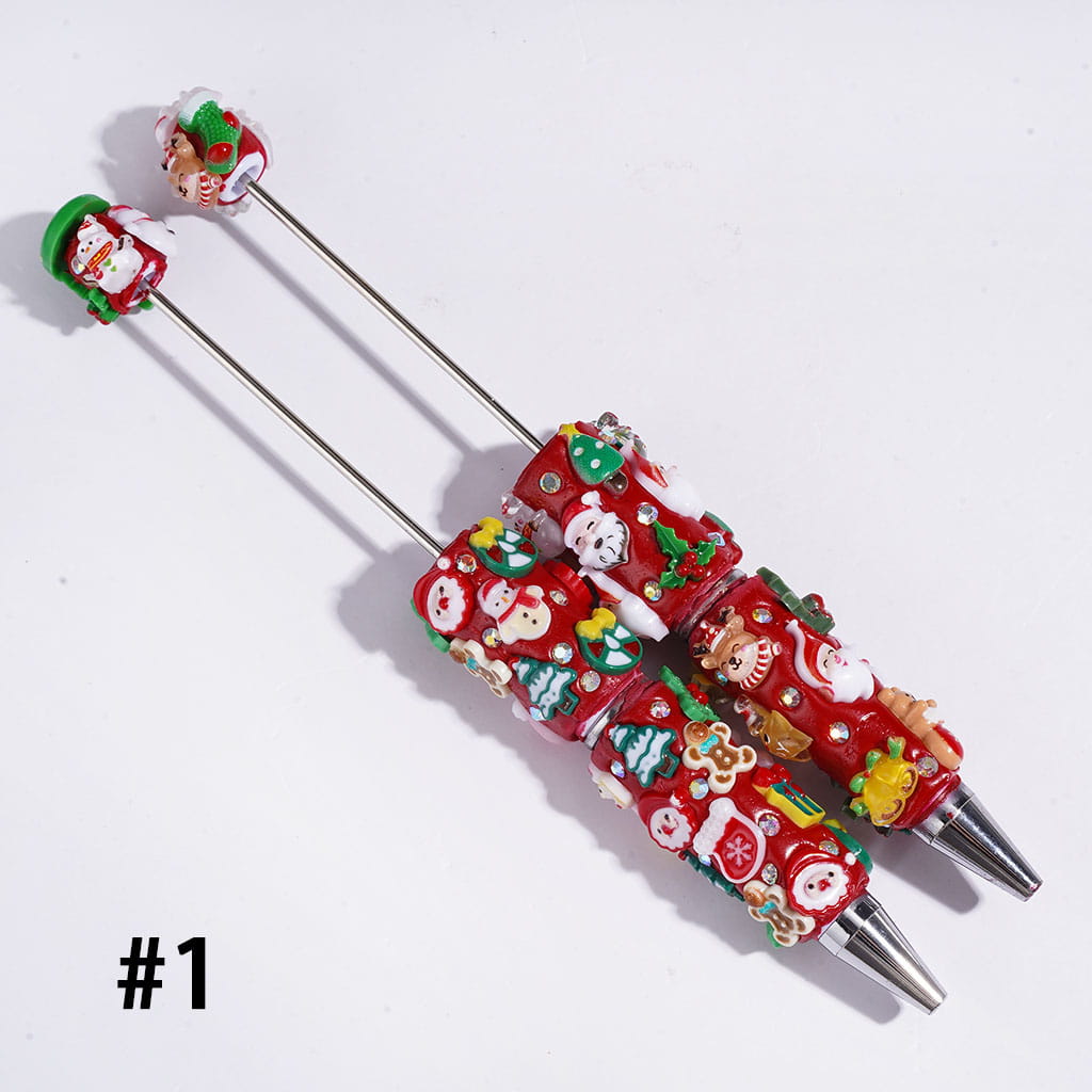 Beadable Clay Pens with Christmas Ornaments and AB Rhinestones, Red and Green
