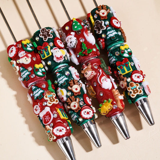 Red & Green Christmas Theme Beadable Clay Pens with Santa Claus, Reindeer, Christmas Tree & Crystal Rhinestones, Multi Colors